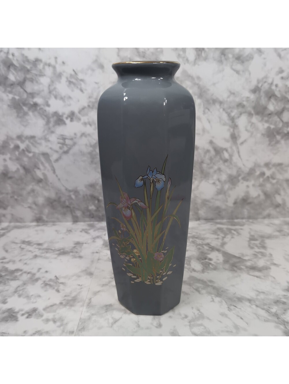 Vtg Otagiri Japan Gray Ceramic Floral Iris Flower Vase 1980s Boho Decor Art